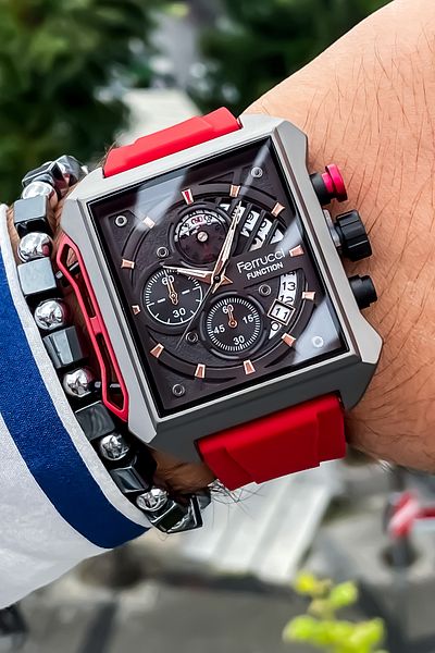 Ferrucci 3 Atm Waterproof Red Color Steel Case Silicone Cord Men's Wristwatch Bracelet