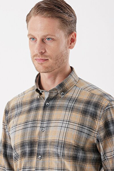 İmza Hardal Uzun Kollu Ekoseli Gabardin Sert Yaka Cepli Garnili Casual Comfort Fit Gömlek 1004235112