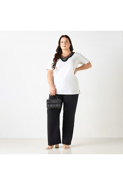 Ulla Popken Plus Size Ulla Popken Lace Detail V-neck T-shirt with Short Sleeves