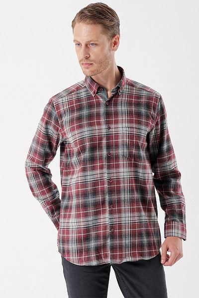İmza Burgundy Long Sleeve Plaid Gabardine Hard Collar Pocket Garnished Casual Comfort Fit Shirt1004235112