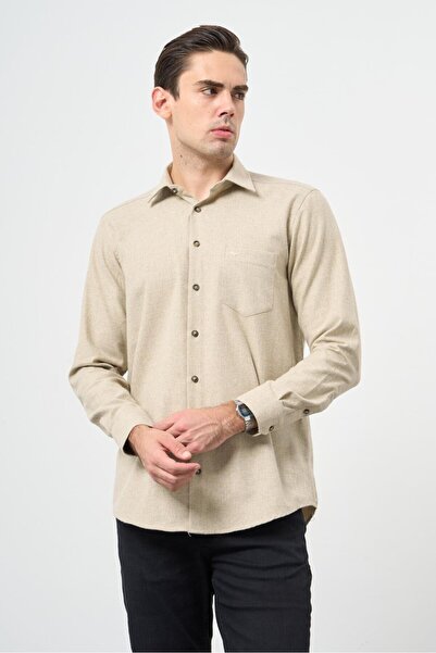 İmza Ανοιχτό μπεζ μακρυμάνικο μονόχρωμο γκαμπαρντίνα με σκληρή τσέπη βαμβακερό πουκάμισο Classic Comfort Fit 1004245168