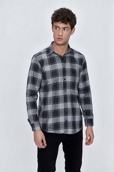 İmza Black Long Sleeve Plaid Unified Collar Pocket Cotton Comfort Fit Relaxed Fit Classic Shirt1004225172