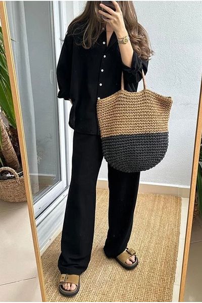 Flow Mi̇sseale Black Textured Shirt and Trousers Women's Set