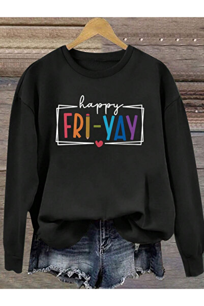 Ron8 سويت شيرت نسائي مطبوع عليه Happy FRI-YAY مصنوع من قماش مدمج من خيطين مع ...