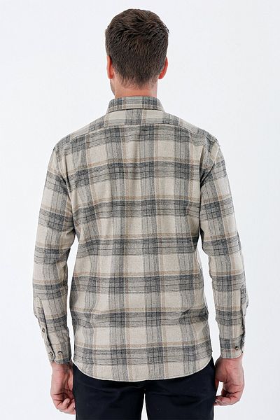 İmza Ανοιχτό μπεζ μακρυμάνικο καρό Gabardine Casual Comfort Fit πουκάμισο με σκληρή τσέπη στο λαιμό 1004235111