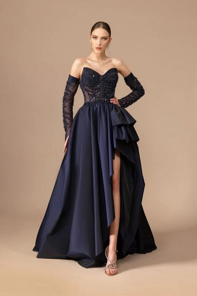 Kenzel Embroidered Detailed Strapless Long Dress with Sheer Sleeves-7010