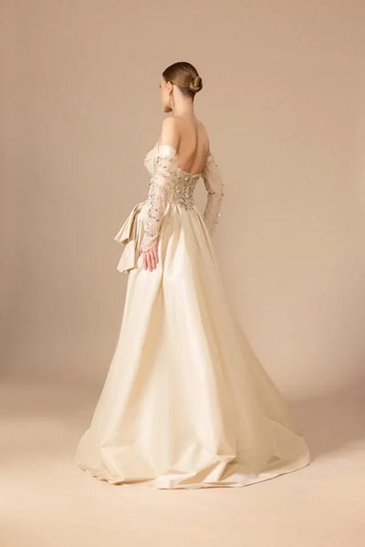 Kenzel Embroidered Detailed Strapless Long Dress with Sheer Sleeves-7010