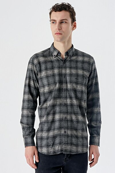 İmza Mavi Uzun Kollu Ekoseli Bez Ayağı Düğmeli Yaka Cepli Pamuklu Comfort Fit Gömlek 1004235173