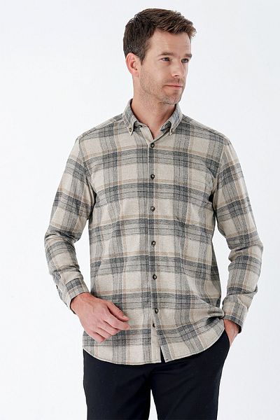 İmza Ανοιχτό μπεζ μακρυμάνικο καρό Gabardine Casual Comfort Fit πουκάμισο με σκληρή τσέπη στο λαιμό 1004235111