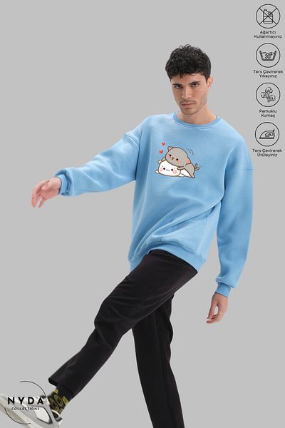 Nyda Collections Hanorac oversize unisex cu mânecă lungă imprimat - decolteu, fără glugă