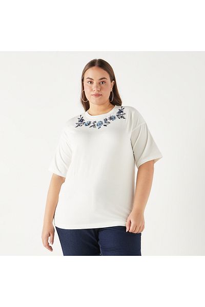 Ulla Popken Plus Size Ulla Popken Embroidered T-shirt with Short Sleeves