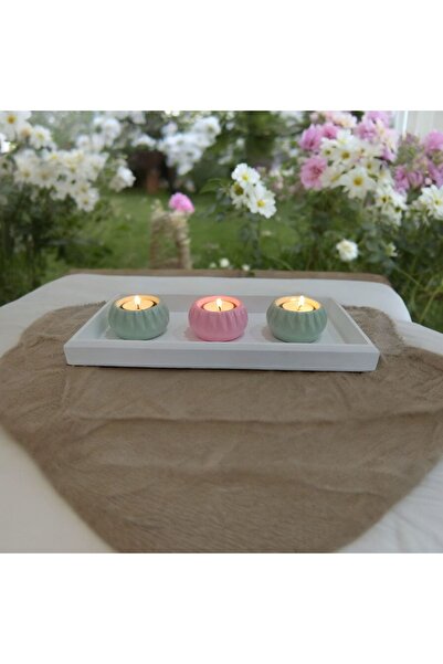 TAŞDEVRİLIFE Dekoratif Dik DörtgenTepsili Mumluk Seti Su Yeşili