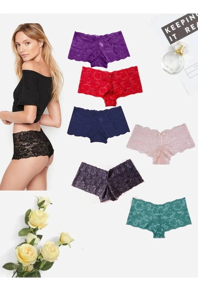 FLU UNDERWEAR My Fluu Dantelli Kadın Şort Boxer Brazillian Kadın Külot 6lı Paket (HEDİYELİ) Ürün