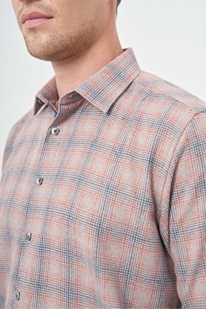 İmza Smoked Plaid Pattern - Gabardine Hard Collar Pocketless Cotton Shirt 1004245165