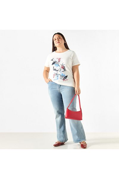 Ulla Popken Plus Size Ulla Popken Printed Round Neck T-shirt with Short Sleeves