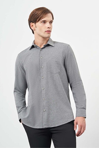 İmza Smoked Classic Comfort Fit Shirt - Long Sleeve, Solid Gabardine, Hard Collar and Pocket Cotton 1004245168