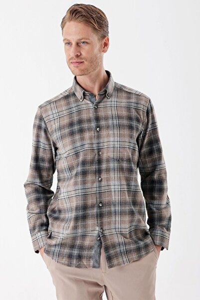 İmza Σκούρο βιζόν μακρυμάνικο καρό γκαμπαρντίνα με σκληρή τσέπη στο λαιμό Casual Comfort Fit πουκάμισο 1004235112