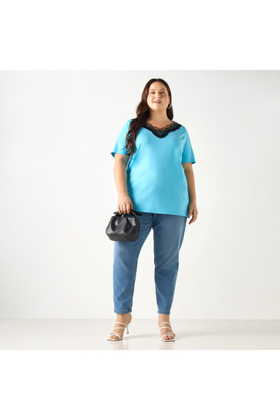 Ulla Popken Plus Size Ulla Popken Lace Detail V-neck T-shirt with Short Sleeves
