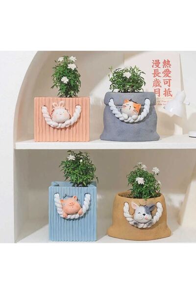 TAŞDEVRİLIFE 4'LÜ SEVİMLİ ÇANTALAR SUKULENT ve KAKTÜS SAKSI SETİ