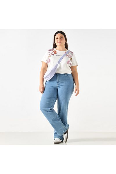 Ulla Popken Plus Size Ulla Popken Floral Print Crew Neck T-shirt with Short Sleeves
