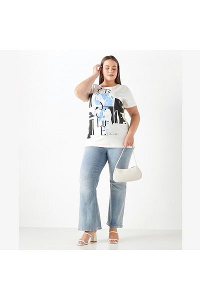 Ulla Popken Plus Size Ulla Popken Printed T-Shirt with Short Sleeves and Round Neck