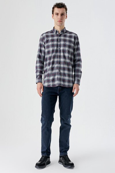 İmza Σκούρο καφέ μακρυμάνικο καρό βαμβακερό πουκάμισο Comfort Fit με τσέπες 1004235173