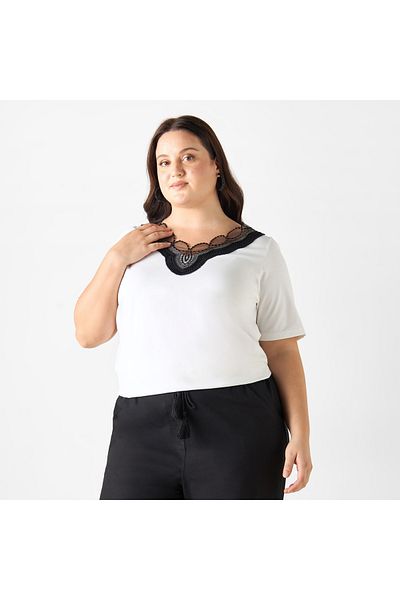 Ulla Popken Plus Size Ulla Popken Lace Detail V-neck T-shirt with Short Sleeves