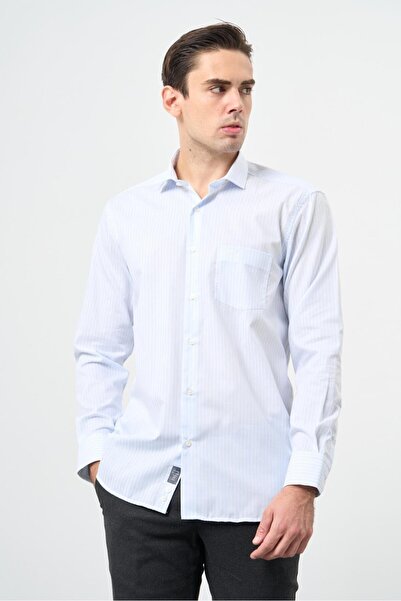 İmza Λευκό μακρυμάνικο πουκάμισο με μοτίβο μισό ιταλικό γιακά με τσέπες από βαμβακερό κλασικό άνετο πουκάμισο 1004245184