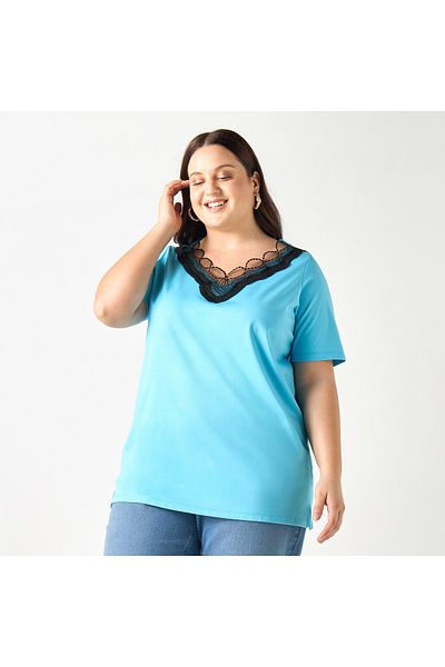 Ulla Popken Plus Size Ulla Popken Lace Detail V-neck T-shirt with Short Sleeves