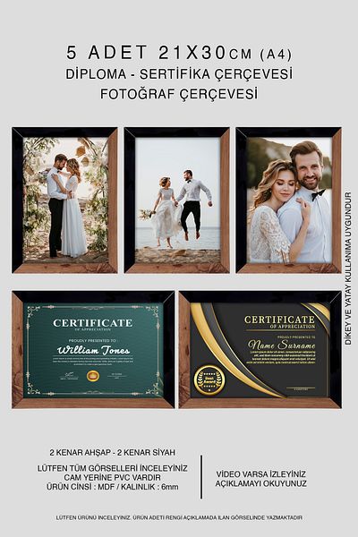 yhfoto 5 Pieces 21X30 Mdf A4 Frame - Photo Frame - Wooden Black 2 Colors Diploma Frame