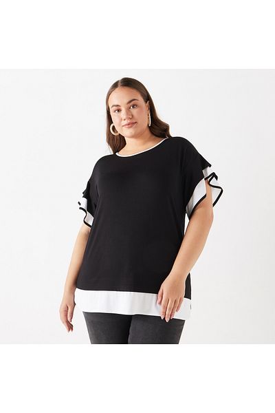 Ulla Popken Plus Size Ulla Popken Colourblock Top with Ruffle Detail