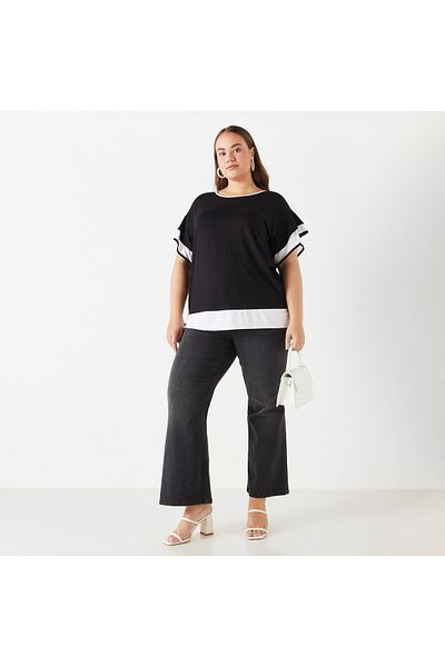 Ulla Popken Plus Size Ulla Popken Colourblock Top with Ruffle Detail