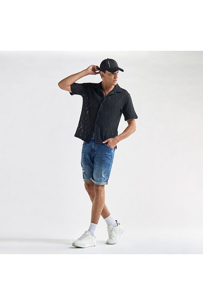 FAV Textured Shirt with Camp Collar and Short Sleeves