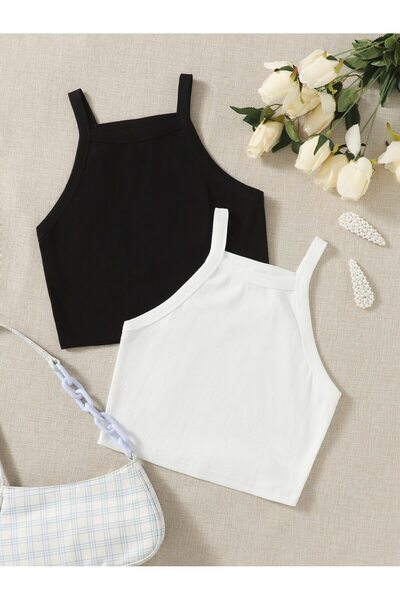 Liona Pack of 2 Flat Collar Black White Color Patternless Ribbed Sleeveless Strap Lycra Fit Sports Bustier