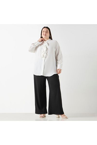 Ulla Popken Plus Size Ulla Popken Regular Fit Shirt with Mandarin Collar and Ruffle Detail