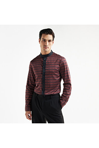 FAV All-Over Geometric Print Shirt with Mandarin Collar and Long Sleeves