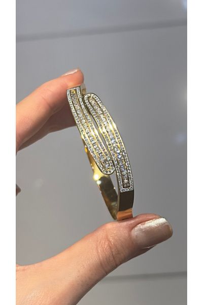 Opia JEWELRY - Zircon Stone Steel Asymmetrical Handcuff Bracelet (17cm)
