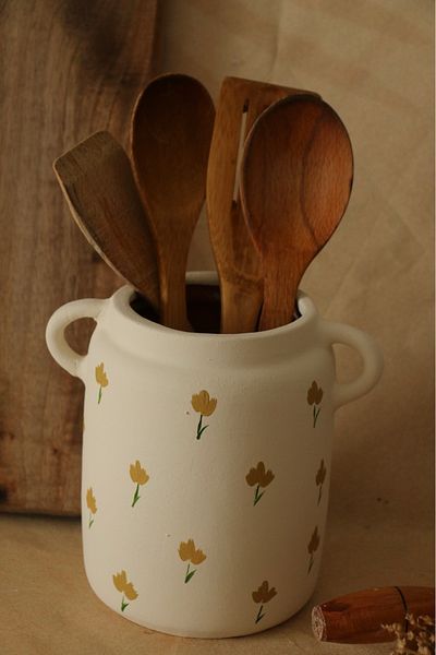 Hoyatap Simple Floral Patterned Handled Nordic Style Leafy Spoon Holder