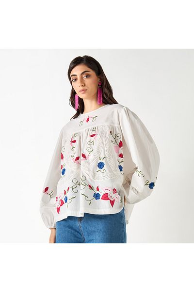 Iconic Embroidered Crew Neck Top with Volume Sleeves