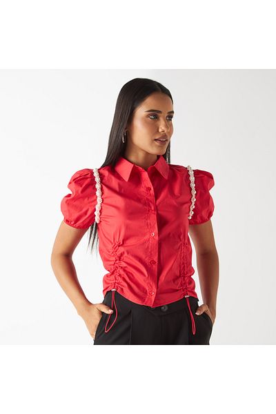 2Xtremz Pearl Embellished Top with Puff Sleeves and Gathered Detail