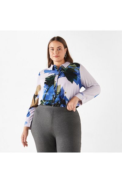 Ulla Popken Plus Size Ulla Popken All-Over Print Shirt with Collar and Long Sleeves