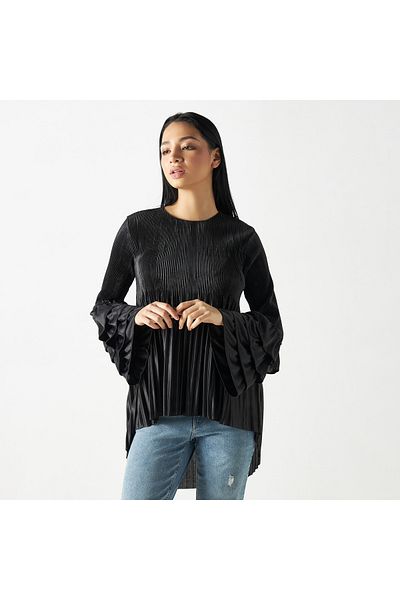 2Xtremz Pleated Top with Flared Layered Sleeves and Round Neck