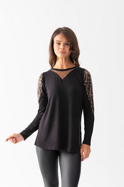 EtkiModa Bluză vizcoasă cu mânecă lungă, cu guler negru, cu mâneci din tul, cu detaliu leopard