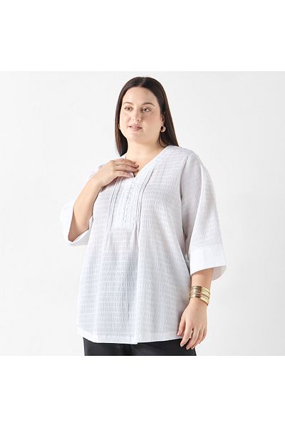 Ulla Popken Plus Size Ulla Popken Textured V-neck Top with 3/4 Sleeves