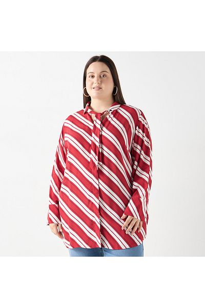 Ulla Popken Plus Size Ulla Popken Striped Shirt with Tie-Up Detail