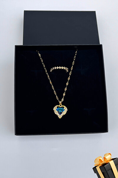 TREND COLLECTİON Kadın Paslanmaz Çelik Gold Zirkon Taşlı Kalp Kolye ve Taç Yüzük Set (Hediyelik)