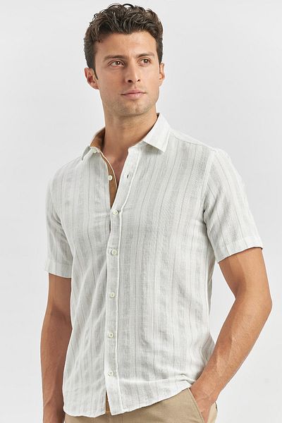 İmza Μπεζ Slim Fit Casual πουκάμισο - κοντό μανίκι, ριγέ, Dobby, βαμβακερό 1004240245