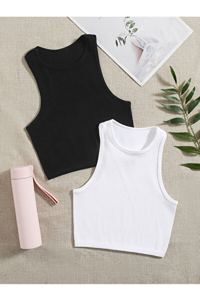 Liona 2 Li Paket Bisiklet Yaka Siyah Beyaz Renk Fitilli Kolsuz Fit Crop Top Bluz