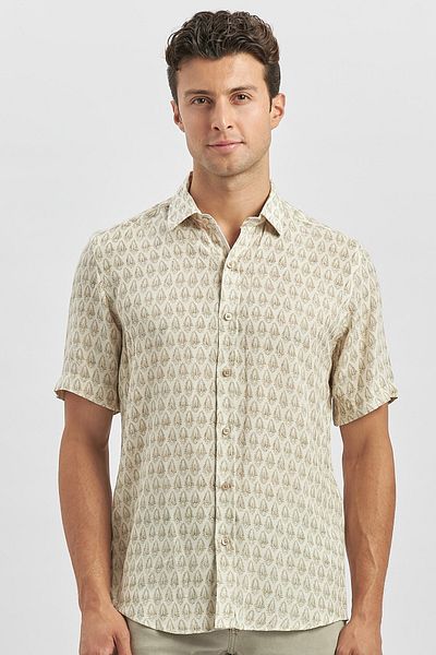İmza Πράσινο λινό Slim Fit πουκάμισο - κοντό μανίκι, εμπριμέ κουμπιά, casual 1004240241