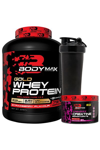 BODYMAX Gold Whey Protein Powder 2250 Gr Strawberry Flavor + Creamax Creatine 120 Gr + Shaker